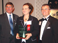 Kathy Sturgeon of Danville Area Community College accepts ICCTA's 2006 Outstanding Faculty Member Award from Illinois Community College Board chair Guy Alongi (left) and ICCTA president Tom Bennett.
